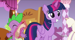 Size: 1366x736 | Tagged: safe, screencap, spike, twilight sparkle, alicorn, pony, g4, ppov, discovery family logo, magic, scroll, twilight sparkle (alicorn)