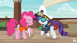 Size: 845x467 | Tagged: safe, screencap, pinkie pie, rarity, pony, g4, ppov, captain rarity, discovery family logo