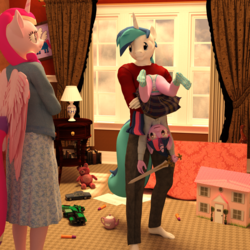 Size: 2000x2000 | Tagged: safe, artist:tahublade7, princess cadance, shining armor, twilight sparkle, alicorn, unicorn, anthro, plantigrade anthro, g4, 3d, barefoot, blue underwear, brother and sister, car, cinderella, clothes, darts, daz studio, embarrassed, feet, filly, glasses, gun, happy, high res, holding a pony, hung upside down, living room, panties, playing, silly panties, skirt, skirt flip, smug, socks, sword, teapot, teddy bear, toy, underwear, upside down, weapon, younger