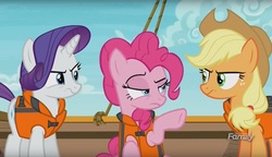 Size: 1615x928 | Tagged: safe, screencap, applejack, pinkie pie, rarity, pony, g4, ppov, discovery family logo, lifejacket