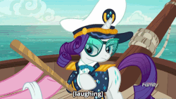Size: 500x281 | Tagged: safe, screencap, pinkie pie, rarity, pony, g4, ppov, animated, captain rarity, clothes, discovery family logo, female, gif, glasses, laughing, oh wait you're serious, stick, subtitles, wahaha