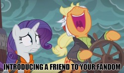 Size: 842x500 | Tagged: safe, edit, edited screencap, screencap, applejack, rarity, g4, ppov, captain jackbeard, image macro, meme