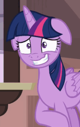 Size: 282x448 | Tagged: safe, edit, edited screencap, screencap, twilight sparkle, alicorn, pony, g4, ppov, animated, female, floppy ears, gif, grin, looking at you, mare, nervous, nervous smile, raised hoof, reaction image, scratching, smiling, solo, twilight sparkle (alicorn), wide eyes