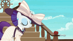 Size: 500x281 | Tagged: safe, screencap, pinkie pie, rarity, pony, g4, ppov, animated, apple, candy, candy apple, clothes, cucumber sandwiches, cupcake, darling, discovery family logo, dress, female, food, giant hat, gif, hat, lollipop, peanut, raristocrat, rarity looking at food, subtitles, titanic