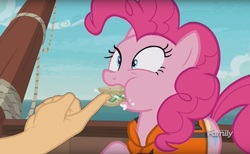Size: 1131x698 | Tagged: safe, edit, edited screencap, screencap, pinkie pie, g4, ppov, boop, boop edit, cucumber sandwiches, discovery family logo, finger, hand