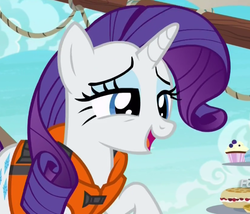 Size: 553x474 | Tagged: safe, screencap, rarity, pony, unicorn, g4, ppov, cropped, cute, female, lidded eyes, lifejacket, mare, raised hoof, raribetes, solo