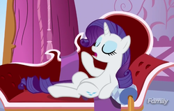 Size: 662x422 | Tagged: safe, screencap, rarity, pony, g4, ppov, couch, discovery family logo, female, mare, rarity's bedroom, solo