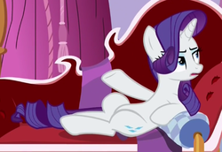 Size: 506x348 | Tagged: safe, screencap, rarity, pony, g4, ppov, couch, female, mare, rarity's bedroom, reclining, solo