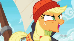 Size: 845x467 | Tagged: safe, screencap, applejack, earth pony, pony, g4, ppov, captain jackbeard, discovery family logo, female, mare, solo