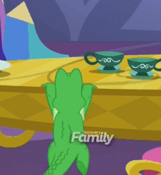 Size: 298x323 | Tagged: safe, screencap, gummy, g4, ppov, animated, climbing, cute, discovery family logo, gif, gummybetes, male, prehensile tail, solo, table, teacup
