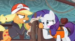 Size: 845x467 | Tagged: safe, edit, edited screencap, screencap, applejack, rarity, g4, ppov, blushing, captain jackbeard, female, lesbian, ship:rarijack, shipping