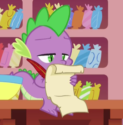 Size: 413x421 | Tagged: safe, screencap, spike, dragon, g4, my little pony: friendship is magic, ppov, male, quill, scroll, solo, sugarcube corner