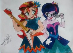 Size: 1972x1435 | Tagged: safe, artist:jack-pie, sci-twi, sunset shimmer, twilight sparkle, equestria girls, g4, my little pony equestria girls: legend of everfree, clothes, crystal gala, dress, electric guitar, flying v, guitar, microphone, musical instrument, open mouth, signature, singing, traditional art