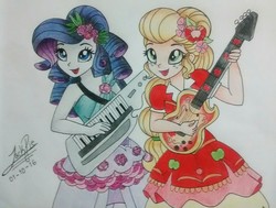 Size: 1921x1456 | Tagged: safe, artist:jack-pie, applejack, rarity, equestria girls, g4, my little pony equestria girls: legend of everfree, bass guitar, clothes, crystal gala, dress, freckles, keytar, musical instrument, open mouth, playing, signature, singing, traditional art