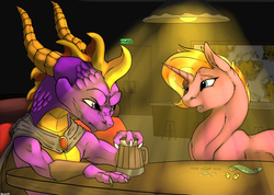 Size: 1250x892 | Tagged: safe, oc, bartender, crossover, drunk, fallen hero, money, spyro the dragon, spyro the dragon (series)