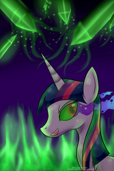 Size: 853x1280 | Tagged: safe, artist:annalena250199, twilight sparkle, alicorn, pony, g4, corrupted, corrupted twilight sparkle, dark magic, evil twilight, female, green crystal, magic, solo, sombra eyes, twilight sparkle (alicorn)