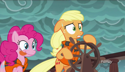 Size: 1280x738 | Tagged: safe, screencap, applejack, pinkie pie, pony, g4, ppov, discovery family logo, tongue out