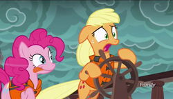 Size: 1280x738 | Tagged: safe, screencap, applejack, pinkie pie, pony, g4, ppov, discovery family logo, tongue out