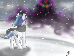 Size: 1024x768 | Tagged: safe, artist:takutanuvataio, king sombra, shining armor, umbrum, g4, the crystal empire, clothes, cloud, glowing eyes, scarf, signature, snow, snowfall