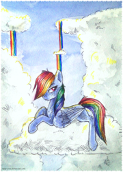 Size: 1631x2261 | Tagged: safe, artist:rappy-yum, rainbow dash, pegasus, pony, g4, cloud, female, rainbow waterfall, solo