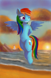 Size: 1030x1572 | Tagged: safe, artist:ninjaohdio, rainbow dash, g4, beach, belly button, female, flying, grin, lighthouse, one eye closed, smiling, solo, sunset, wink