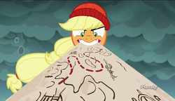 Size: 1280x738 | Tagged: safe, screencap, applejack, pony, tri-horned bunyip, g4, ppov, captain jackbeard, discovery family logo, female, map, mare, mouth hold, perspective, solo