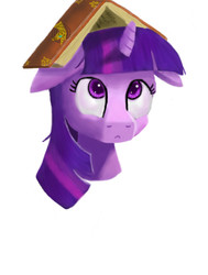 Size: 727x960 | Tagged: safe, artist:ninjaohdio, twilight sparkle, g4, :<, book, book hat, bookhorse, bust, colored pupils, eyes on the prize, female, floppy ears, looking up, portrait, simple background, solo, that pony sure does love books, white background, wide eyes