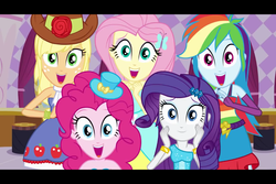 Size: 960x640 | Tagged: safe, artist:supermariodylan90, screencap, applejack, fluttershy, pinkie pie, rainbow dash, rarity, equestria girls, g4, my little pony equestria girls, black bars, bracelet, fall formal outfits, female, hat, humane five, humane five's encounter, jewelry, letterboxing, looking at you, this is our big night, top hat