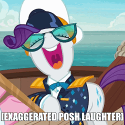Size: 481x481 | Tagged: safe, screencap, pinkie pie, rarity, g4, ppov, animated, captain rarity, caption, descriptive noise, female, gif, laughing, meme, noblewoman's laugh, nose in the air, reaction image, text, wahaha