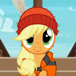 Size: 483x484 | Tagged: safe, screencap, applejack, earth pony, pony, g4, my little pony: friendship is magic, ppov, accessory swap, beanie, cute, female, gif, hat, jackabetes, lifejacket, mare, non-animated gif, smiling, solo