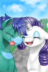 Size: 1107x1646 | Tagged: safe, artist:dedonnerwolke, rarity, oc, oc:flashy, pony, g4, duo, selfie, tongue out