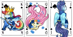 Size: 3084x1585 | Tagged: safe, artist:dedonnerwolke, fluttershy, rainbow dash, soarin', anthro, g4, clothes, crown, eyelashes, female, jewelry, male, playing card, regalia, wings