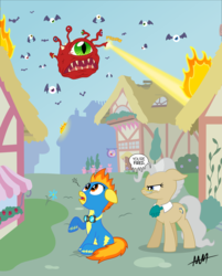 Size: 5100x6338 | Tagged: safe, artist:drewdini, mayor mare, spitfire, beholder, g4, absurd resolution, clothes, crossover, dungeons and dragons, fire, glasses, green eyes, invasion, monster, open mouth, ponyville, signature, wonderbolts uniform