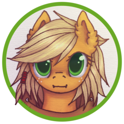 Size: 1600x1600 | Tagged: safe, artist:0okami-0ni, applejack, g4, :i, alternate hairstyle, ear fluff, female, hatless, looking at you, missing accessory, solo