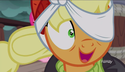 Size: 1280x738 | Tagged: safe, screencap, applejack, pinkie pie, earth pony, pony, g4, ppov, captain jackbeard, discovery family logo, female, mare, open mouth, silly, silly pony, smiling, solo focus, when she smiles, who's a silly pony