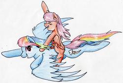 Size: 2490x1685 | Tagged: safe, artist:40kponyguy, derpibooru exclusive, rainbow dash, scootaloo, g4, flying, happy, ponies riding ponies, riding, scootaloo riding rainbow dash, scootalove, simple background, spread wings, traditional art