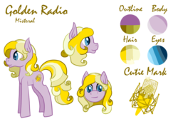 Size: 1440x960 | Tagged: safe, artist:timid tracks, oc, oc only, oc:golden radio, earth pony, pony, female, mare, microphone, reference sheet, solo