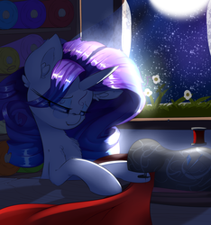 Size: 3000x3200 | Tagged: safe, artist:madacon, rarity, pony, unicorn, g4, atg 2016, chest fluff, female, high res, mare, moonlight, newbie artist training grounds, night sky, sewing, sewing machine, solo, stars