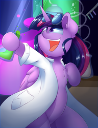 Size: 3000x3900 | Tagged: safe, artist:madacon, twilight sparkle, alicorn, pony, g4, atg 2016, chalkboard, chest fluff, clothes, erlenmeyer flask, female, flask, happy, high res, lab coat, laboratory, liquid, newbie artist training grounds, open mouth, science, solo, that pony sure does love science, twilight sparkle (alicorn)