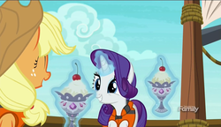 Size: 1280x738 | Tagged: safe, screencap, applejack, rarity, earth pony, pony, unicorn, g4, ppov, chalice, cherry, discovery family logo, duo, female, food, ice cream, magic, magic aura, mare, rarity looking at food, telekinesis