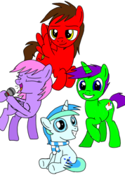 Size: 720x1009 | Tagged: safe, artist:toyminator900, oc, oc only, oc:chip, oc:clever clop, oc:cyan lightning, oc:melody notes, pegasus, pony, unicorn, microphone