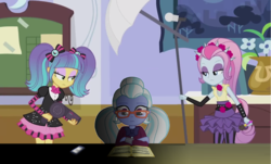 Size: 1280x774 | Tagged: safe, artist:themexicanpunisher, edit, edited screencap, screencap, pixel pizazz, sugarcoat, violet blurr, equestria girls, g4, my little pony equestria girls: friendship games, photo finished, clothes, dryer, luna's office