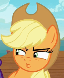 Size: 247x299 | Tagged: safe, screencap, applejack, rarity, pony, g4, ppov, cropped, gif, non-animated gif, pouting, reaction image, solo focus