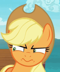 Size: 247x299 | Tagged: safe, screencap, applejack, earth pony, pony, g4, ppov, female, gif, mare, non-animated gif, reaction image, solo