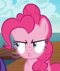 Size: 279x327 | Tagged: safe, screencap, pinkie pie, rarity, earth pony, pony, g4, ppov, angry, cropped, female, gif, mare, non-animated gif, reaction image, solo focus
