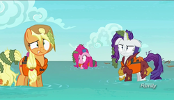 Size: 1280x738 | Tagged: safe, screencap, applejack, pinkie pie, rarity, pony, g4, ppov, discovery family logo, floppy ears, seaweed, spoiler, wet, wet mane