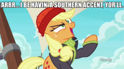 Size: 829x469 | Tagged: safe, edit, edited screencap, screencap, applejack, g4, ppov, captain jackbeard, discovery family logo, female, image macro, meme, red vs blue, solo