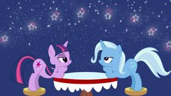 Size: 2560x1440 | Tagged: source needed, safe, artist:themexicanpunisher, trixie, twilight sparkle, pony, unicorn, g4, date, date night, female, lesbian, looking at each other, looking at someone, mare, ship:twixie, shipping, stars, table, unicorn twilight, wallpaper