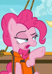 Size: 310x441 | Tagged: safe, screencap, applejack, pinkie pie, pony, g4, ppov, gif, non-animated gif, reaction image