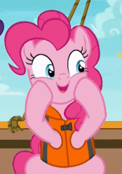 Size: 310x441 | Tagged: safe, screencap, applejack, pinkie pie, rarity, earth pony, pony, g4, ppov, animated, cute, derp, diapinkes, female, gif, lifejacket, mare, open mouth, ponk, silly, silly pony, solo focus, squishy cheeks